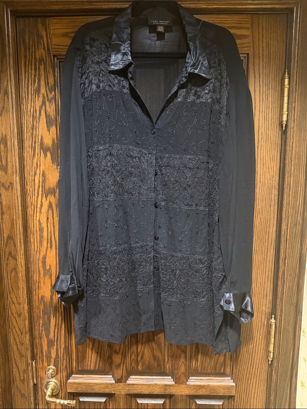 Lane Bryant Black Embroidered Satin-Trim Shirt Jacket